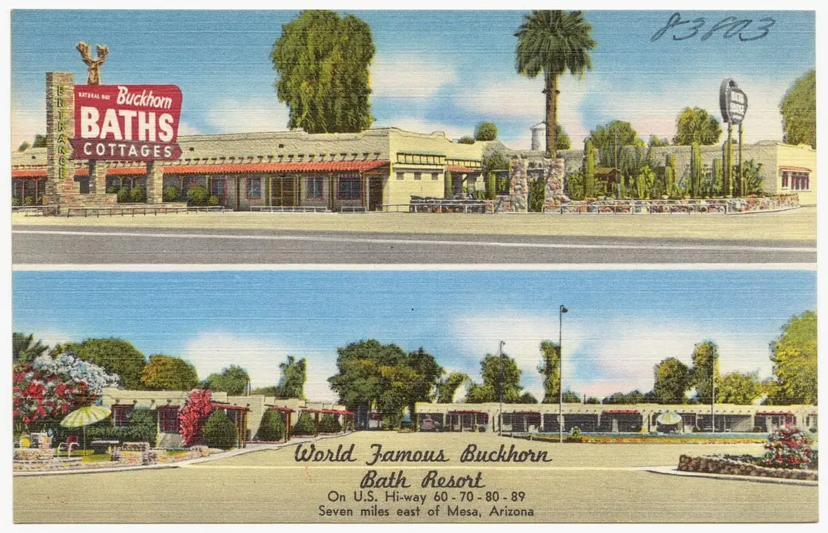 Vintage postcard of the World Famous Buckhorn Bath Resort and cottages east of Mesa
