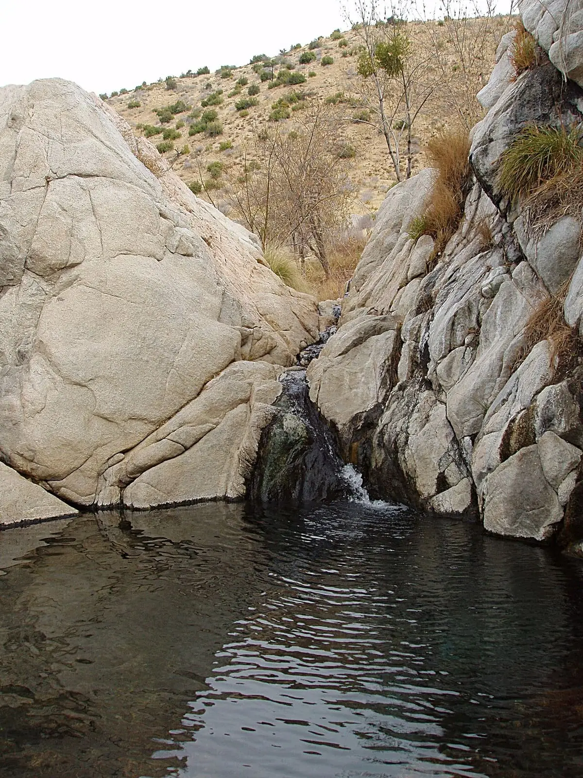 Upper pool at Deep Creek Hot Springs, a dark rock basin fed by a small cascade between granite boulders
