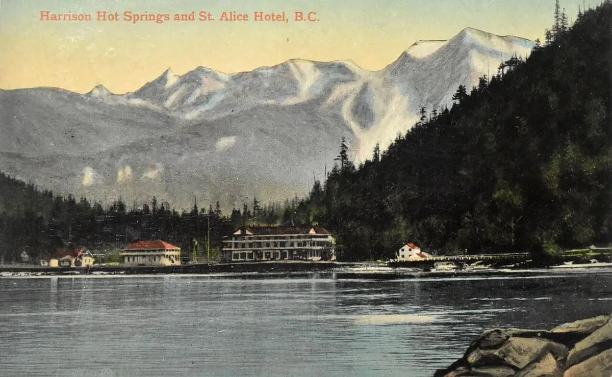 Postcard from 1908 of Harrison Hot Springs and the St. Alice Hotel on Harrison Lake
