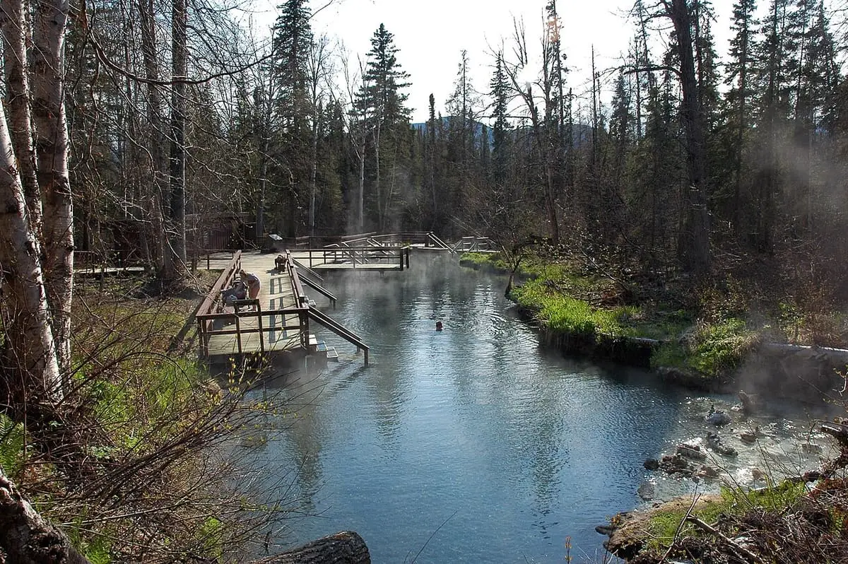 Steam rising off the Alpha pool at Liard River Hot Springs beside the boardwalk