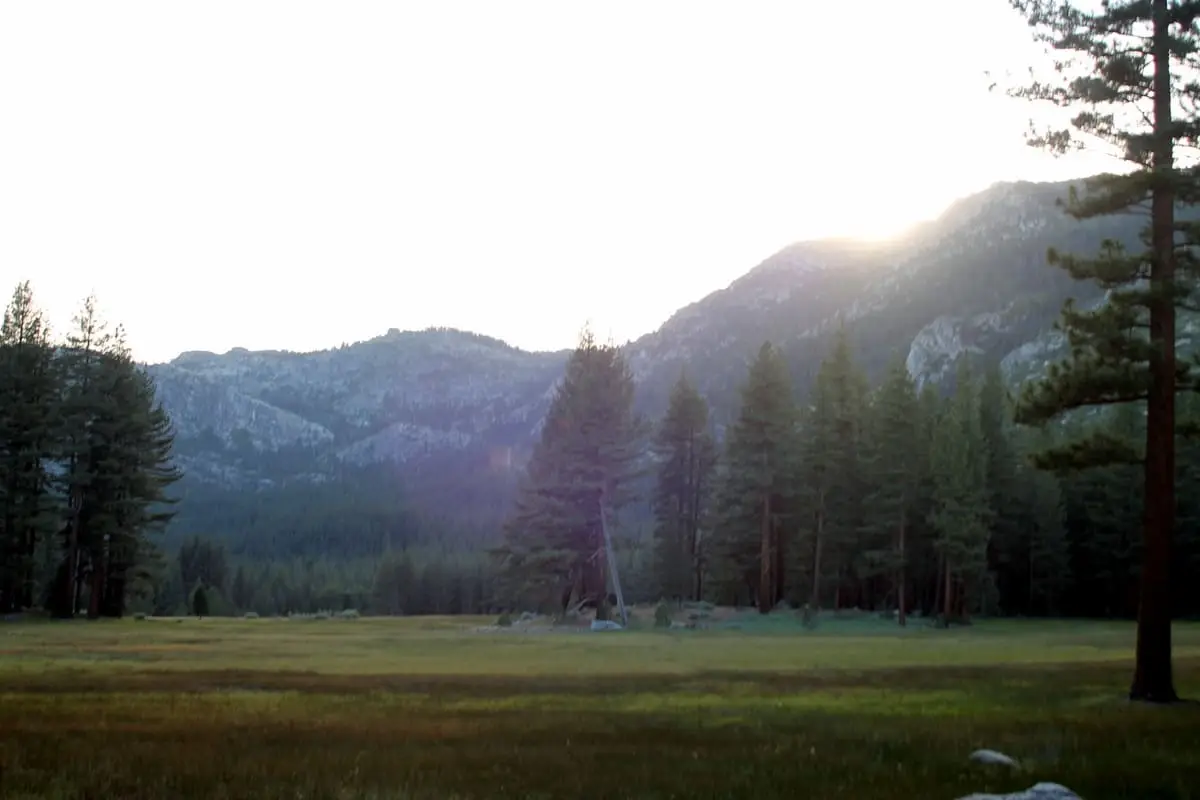 Open meadow and pine forest below Sierra Nevada peaks in Grover Hot Springs State Park