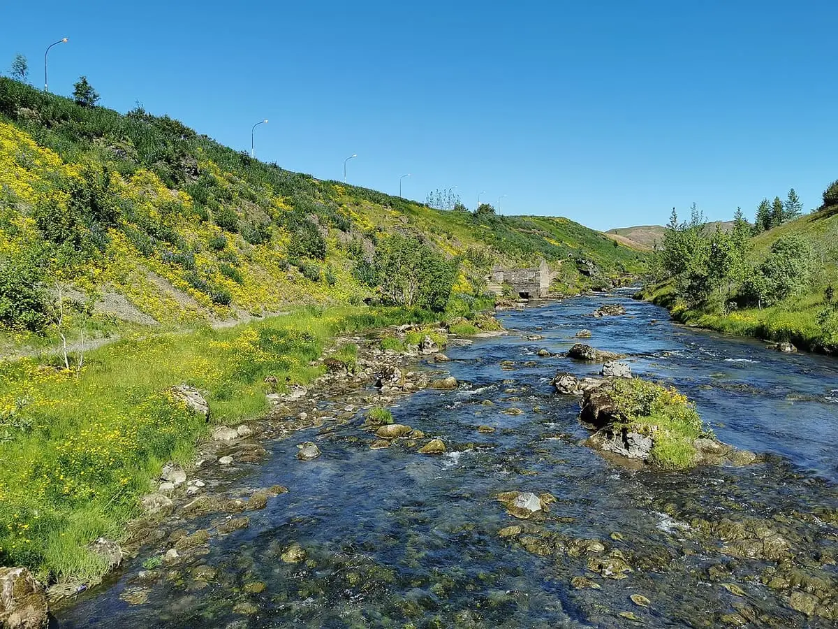 Varmá river flowing through a green valley in Hveragerði below Laugaskarð