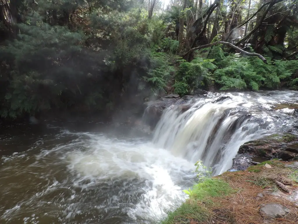 Steam drifting over the Kerosene Creek waterfall as it spills into the pool below