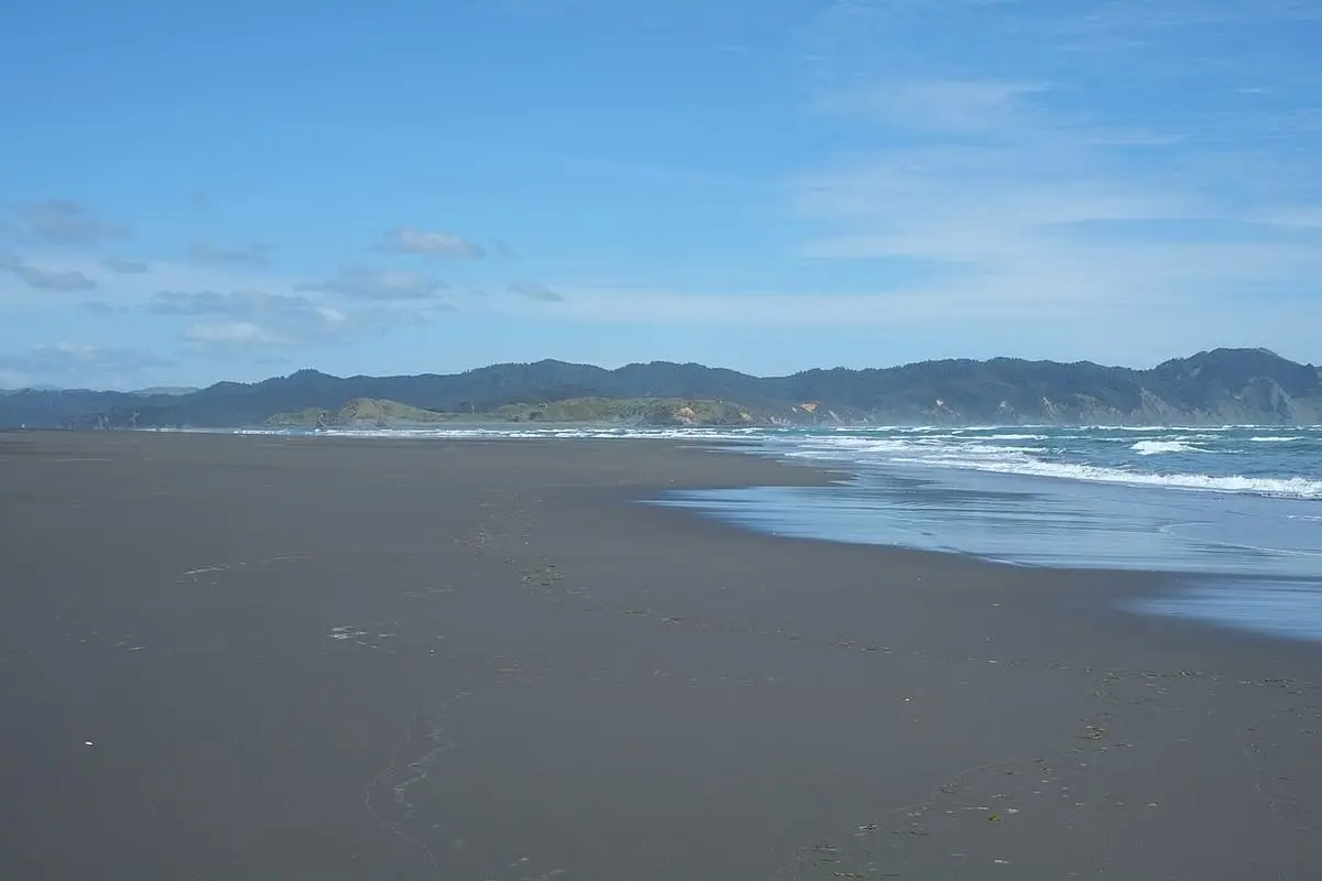 Wide black sand Ocean Beach looking south toward the Kawhia Harbour entrance and green hills