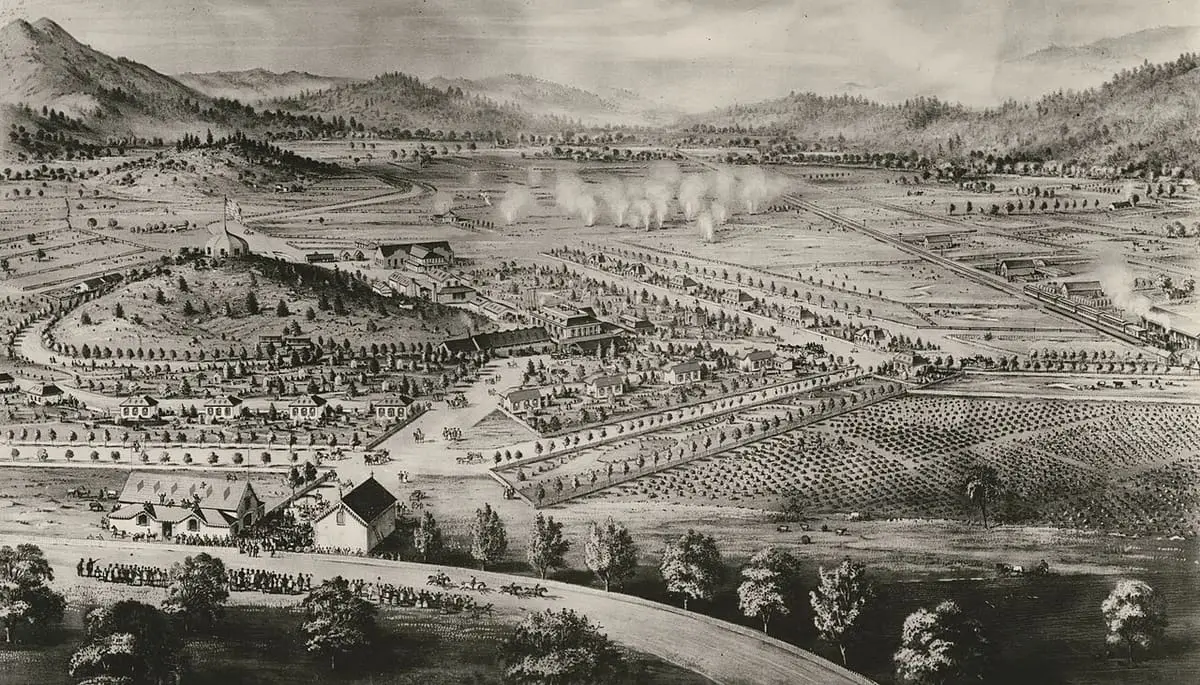 Historic lithograph of Calistoga Hot Sulphur Springs with steam rising from the resort grounds