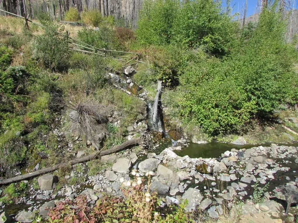 Small cascade spilling into a rock pool at Council Mountain Hot Springs surrounded by green shrubs