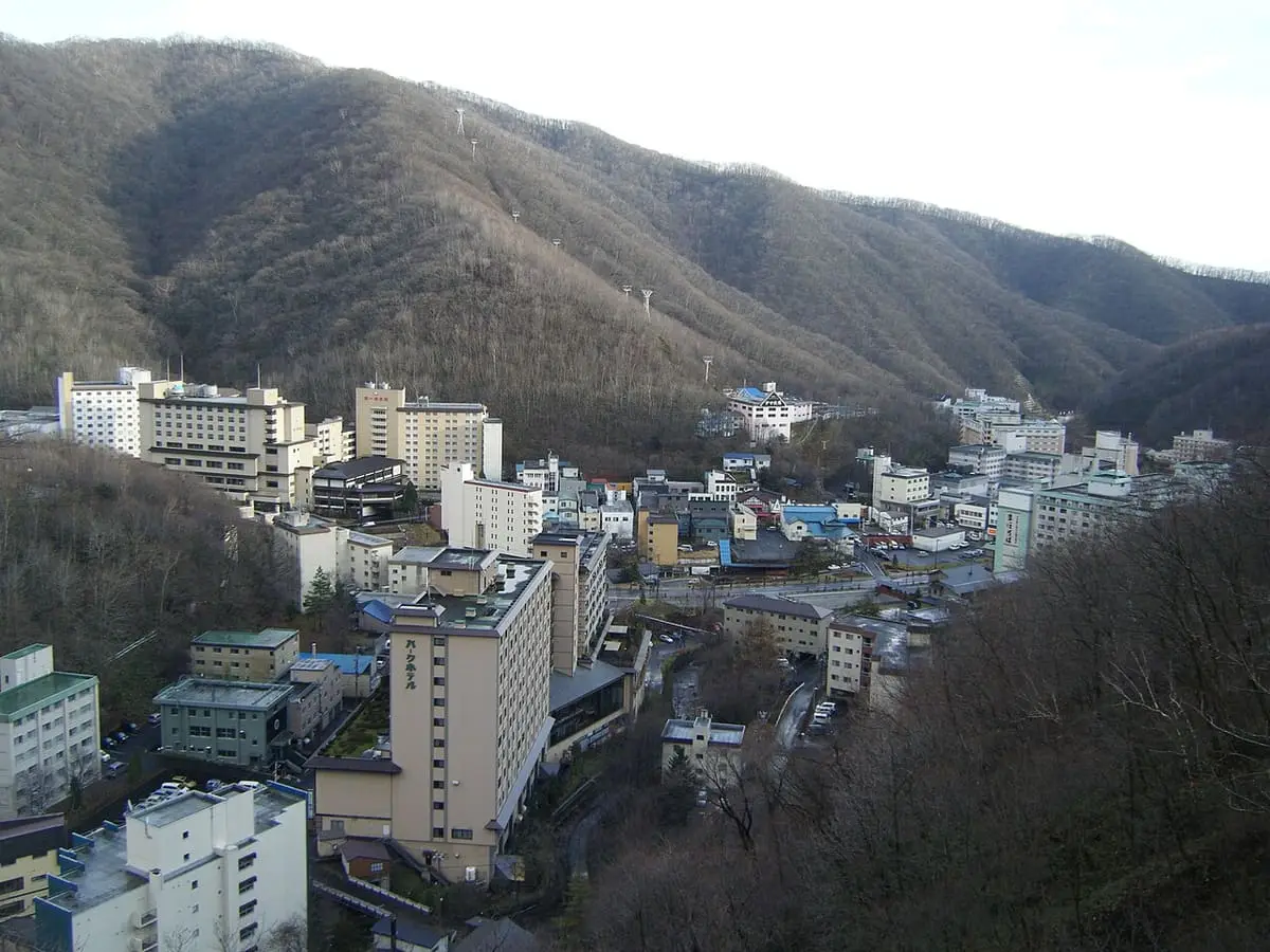 Hotels of Noboribetsu Onsen town in a forested valley