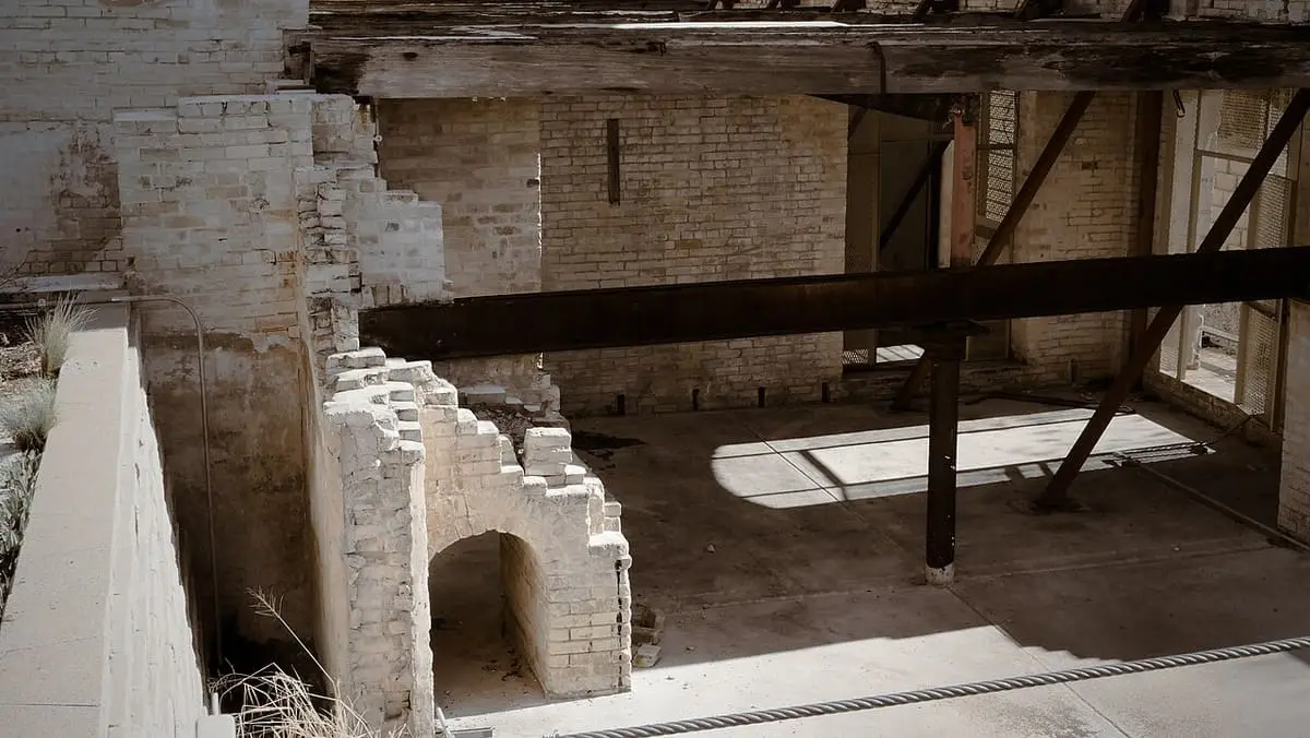 Inside the roofless brick ruins of the old Hot Wells Hotel bathhouse in San Antonio