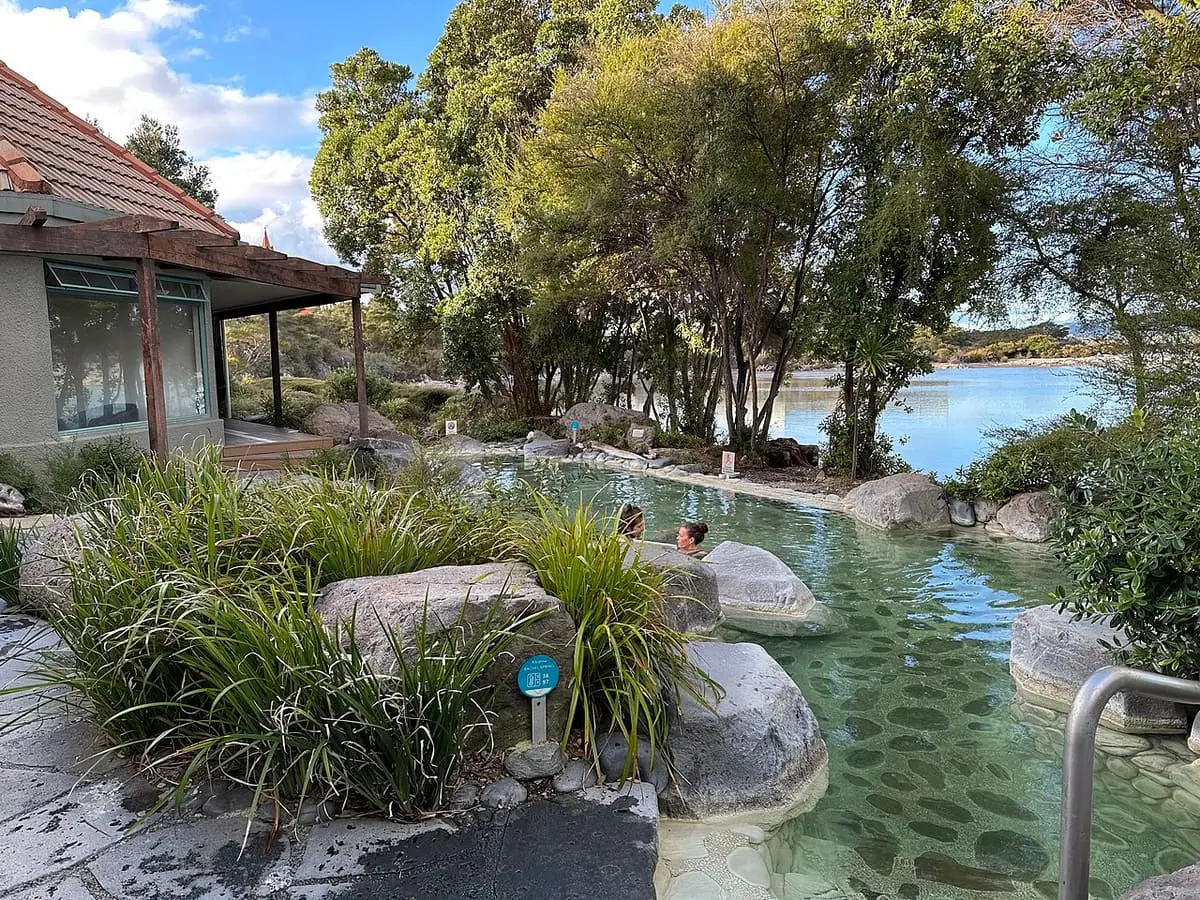 Clear thermal pool with a pebbled floor lined with boulders and flax at Polynesian Spa by the lake