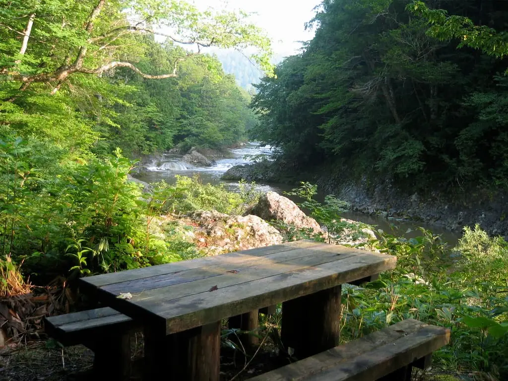 Wooden picnic table beside the river trail in the forested Okuyagen gorge