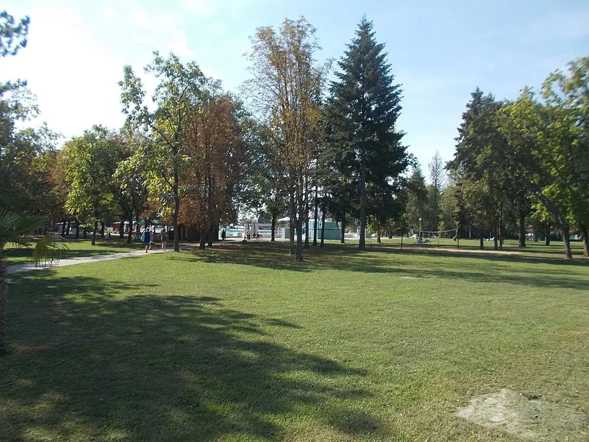 Tree lined lawn of the Zsóry Thermal Bath park in Mezőkövesd