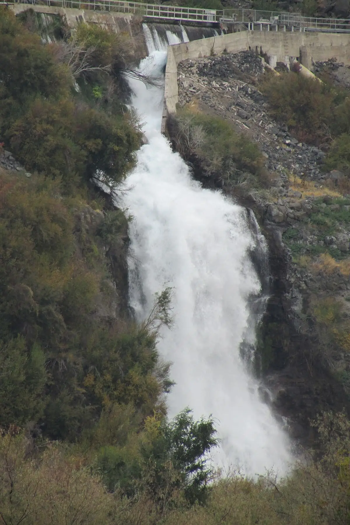Tall spring fed waterfall tumbling down a green canyon wall at Thousand Springs near Hagerman