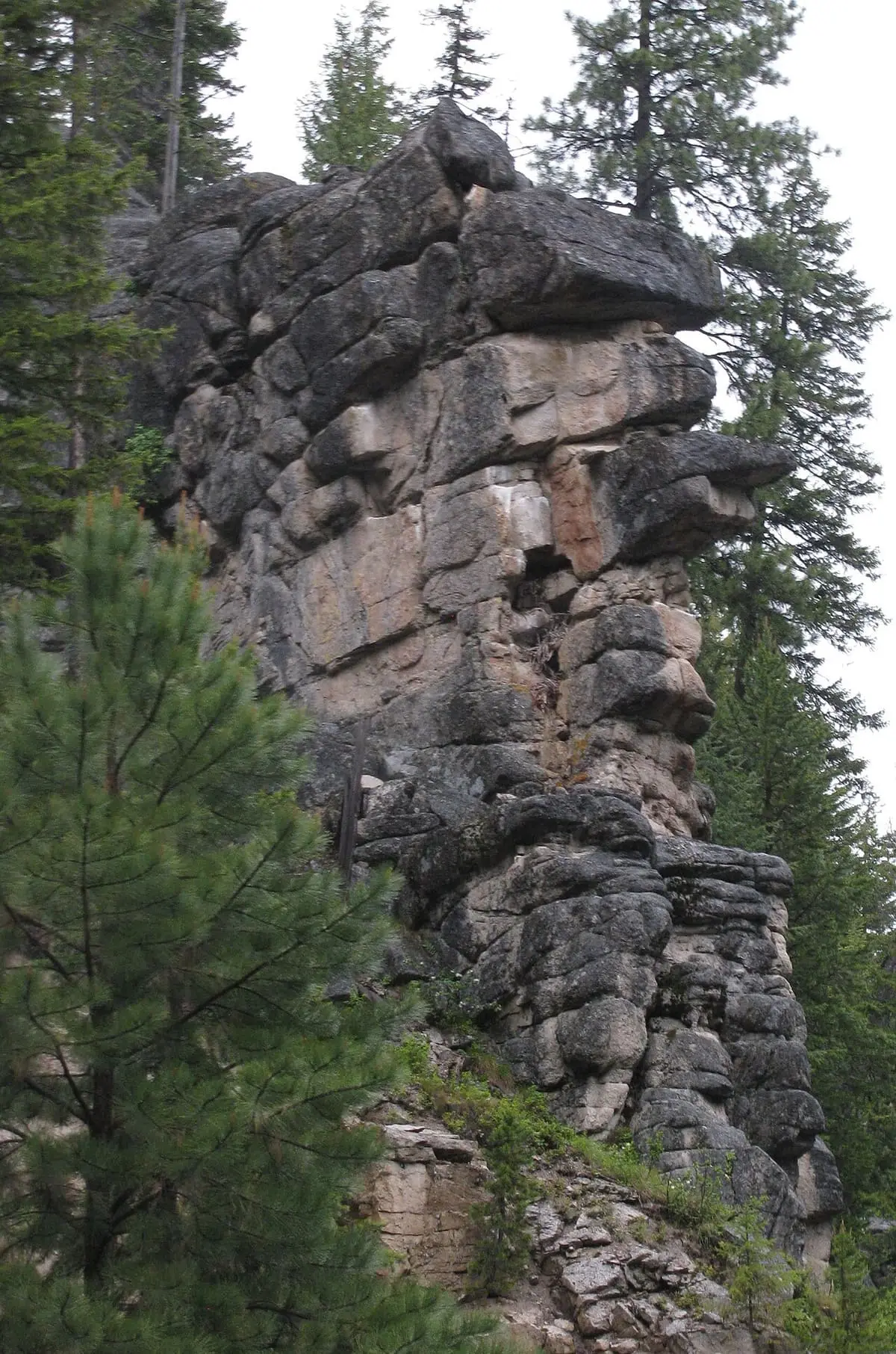 Weathered granite rock pillar among pines along the Nez Perce Trail near Lolo Hot Springs