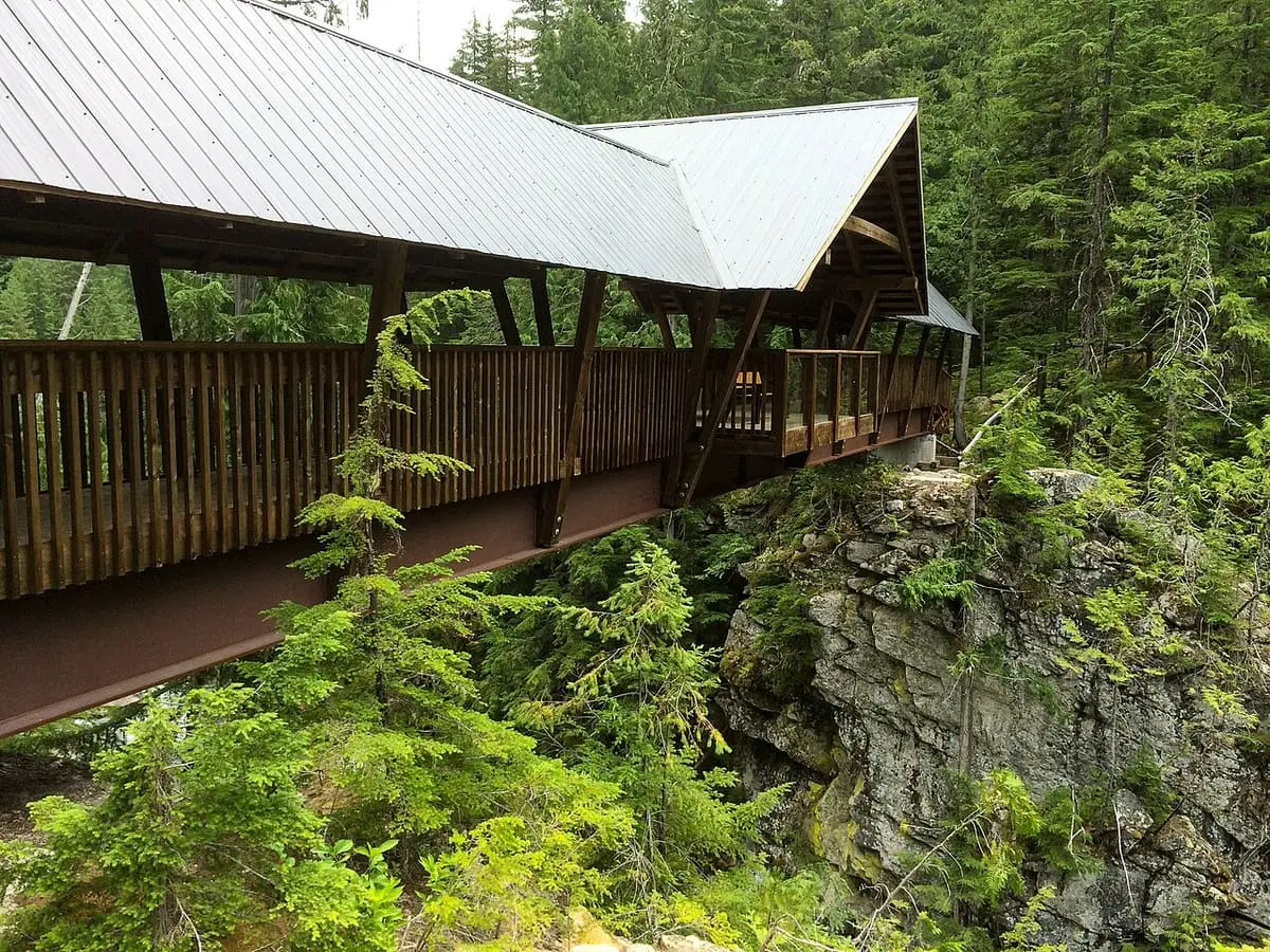 Covered wooden bridge over a forested gorge near Nakusp Hot Springs