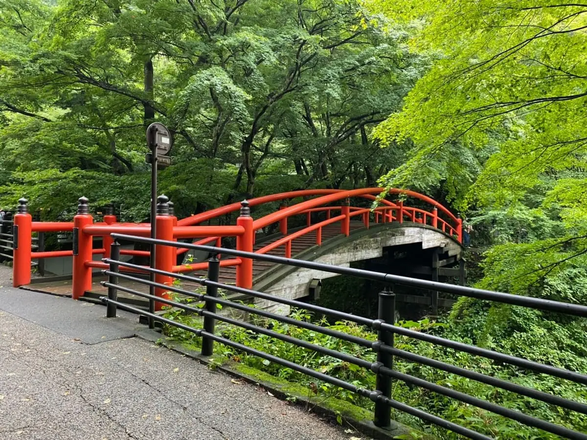 Red arched bridge over a wooded ravine at Ikaho Onsen surrounded by fresh green maples