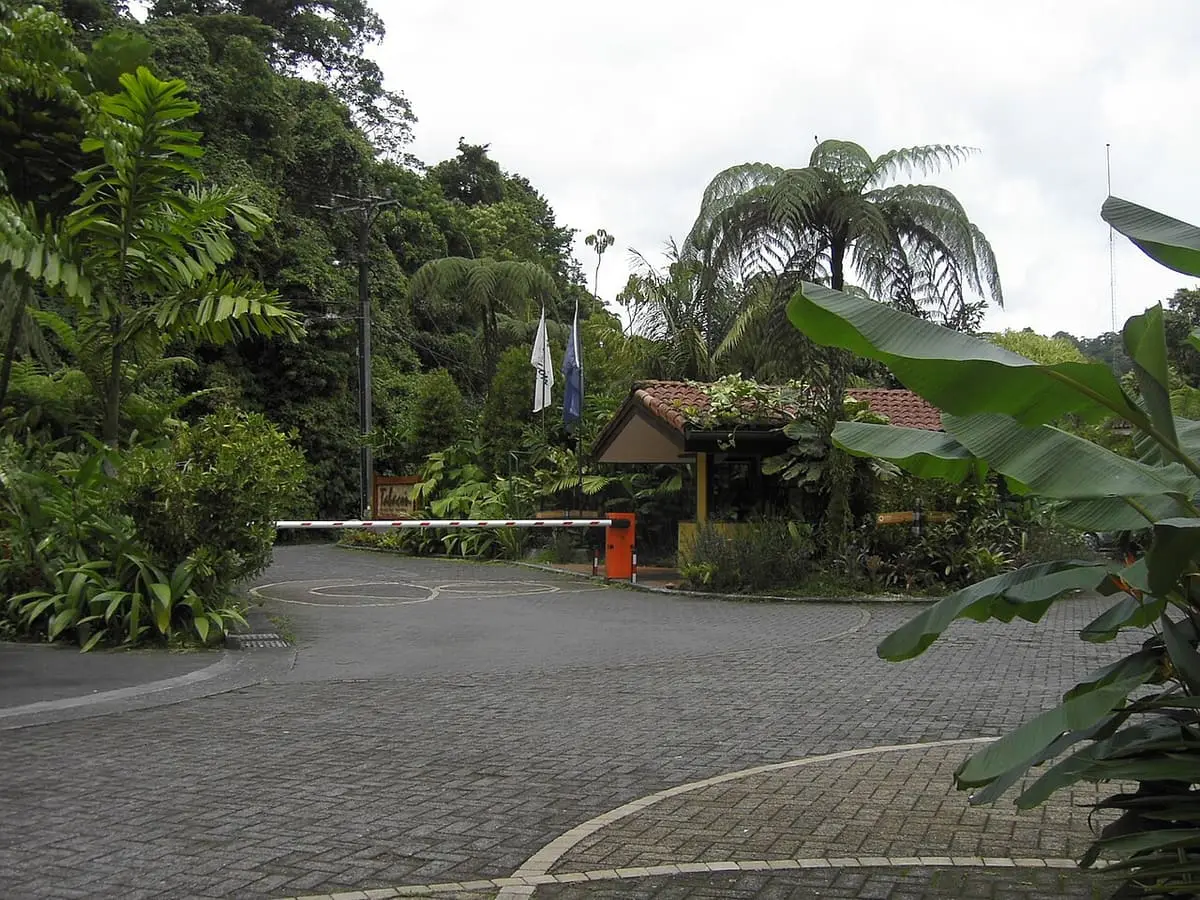 Entrance driveway and gate framed by rainforest at Tabacón