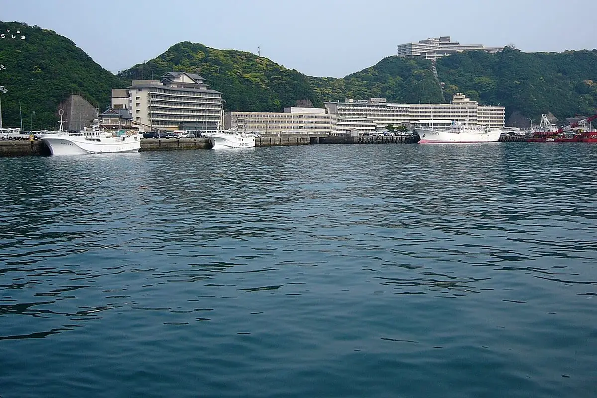 Harbour of Nanki Katsuura Onsen with hotels along the green shoreline