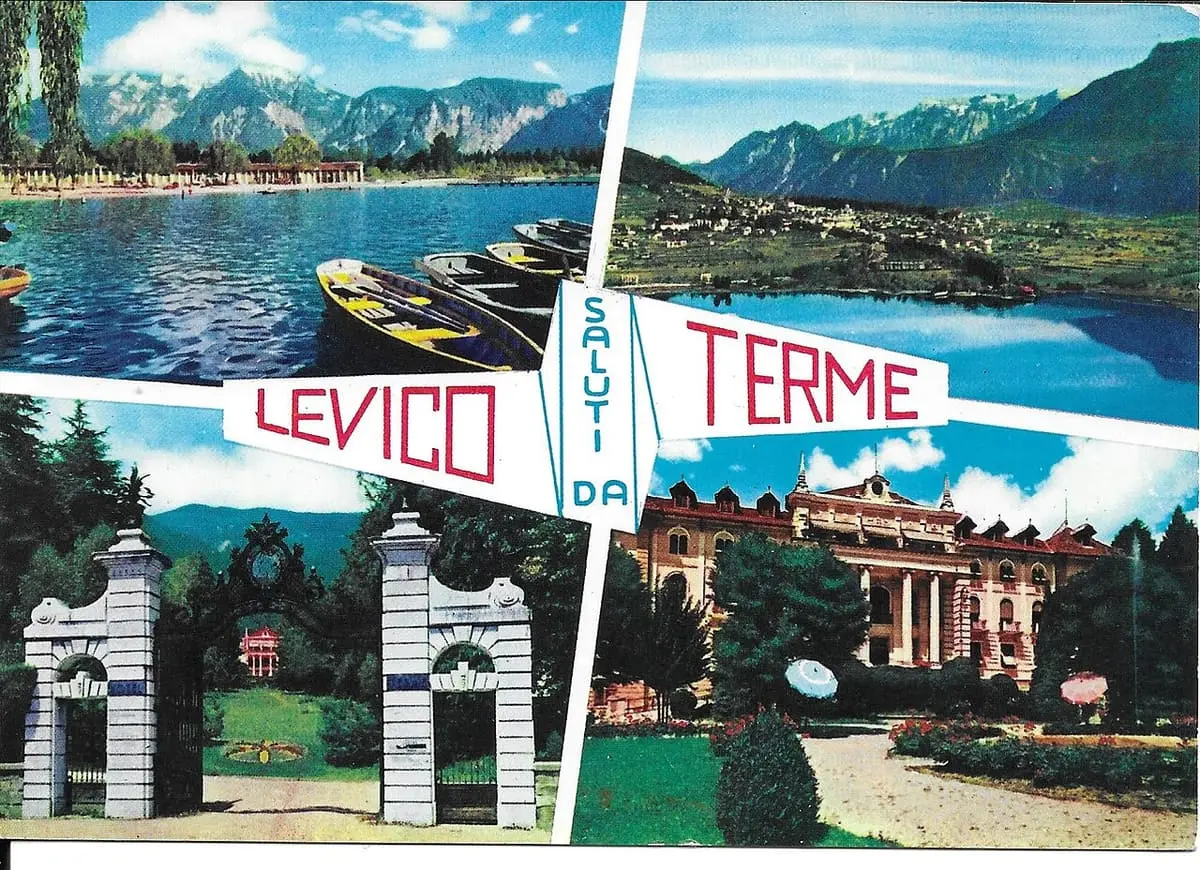 Vintage postcard of Levico Terme showing the lake, park gate and spa hotel