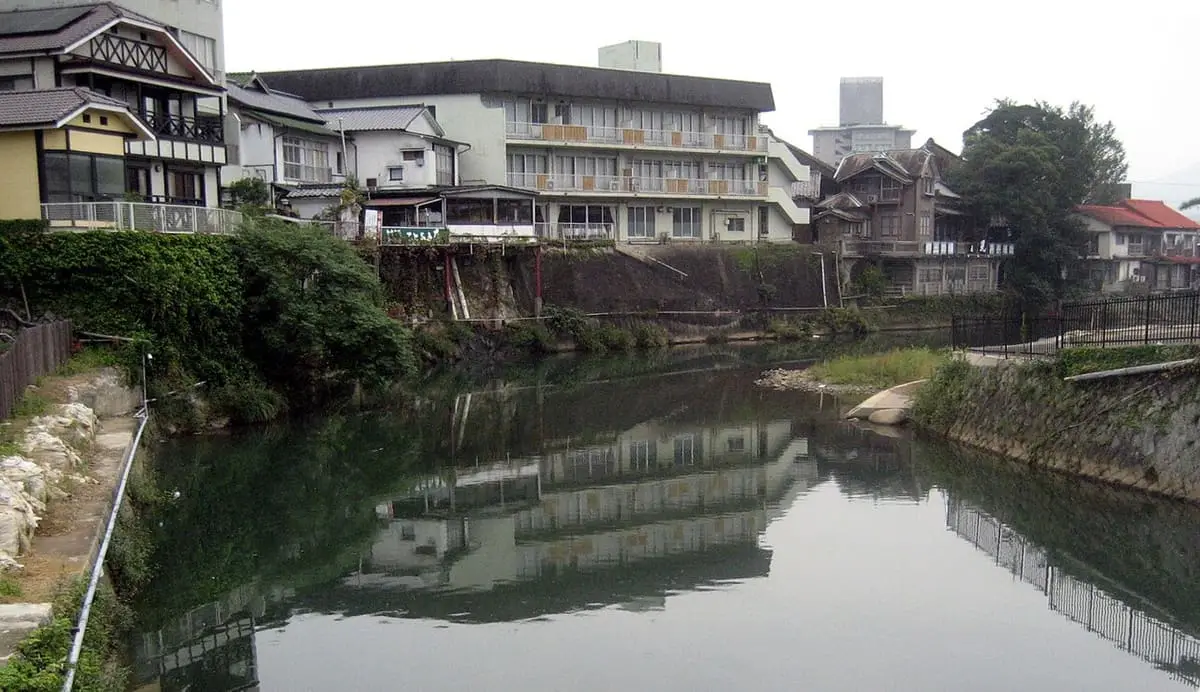 Ureshino River flowing past hotels and inns of Ureshino Onsen