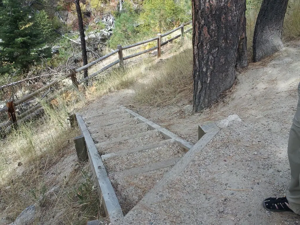 Wooden stairs and rail fence leading down through pines toward Mile 16 Hot Springs