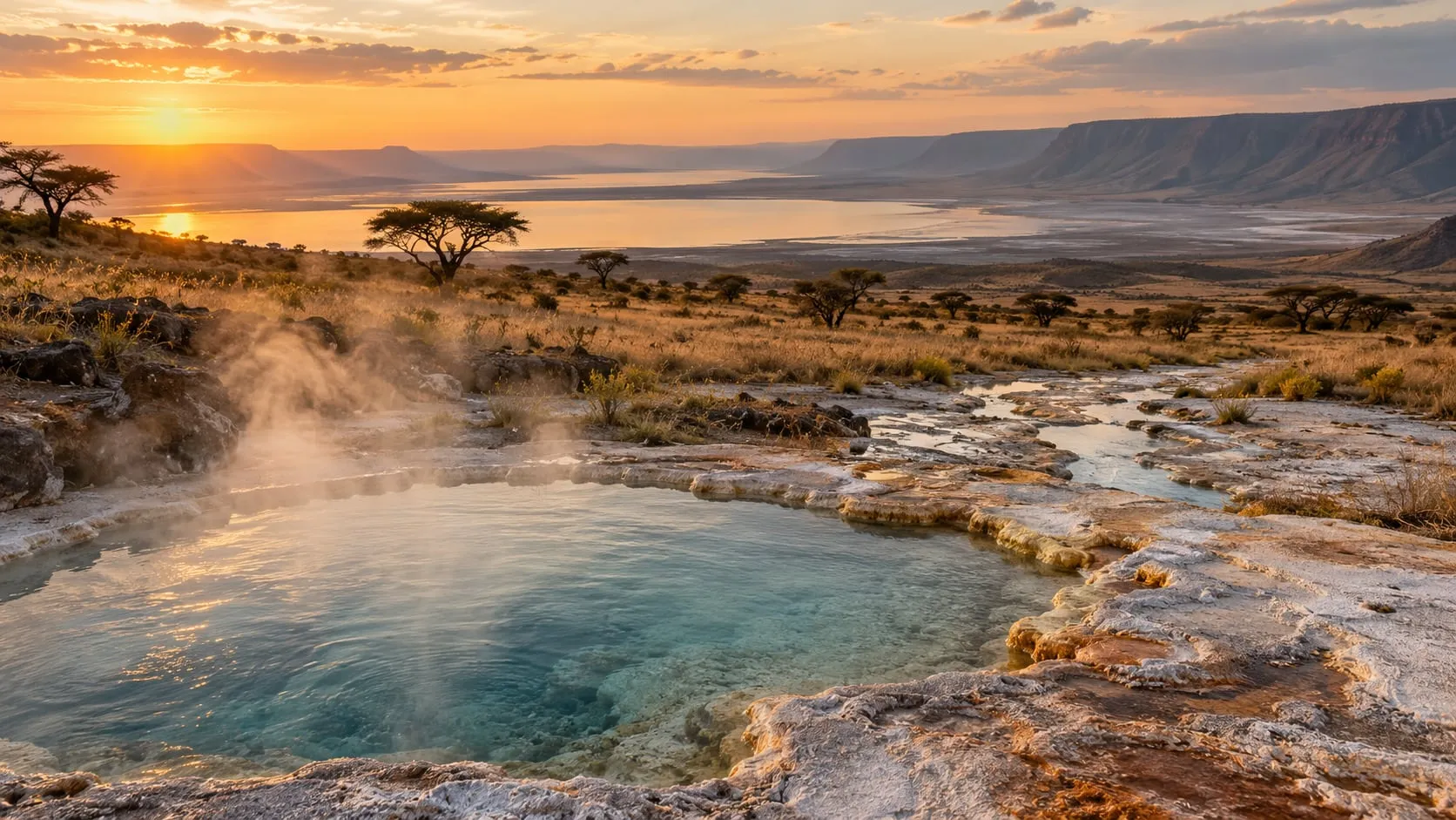 Steaming hot spring pool on mineral flats in a rift valley with acacia trees at sunset