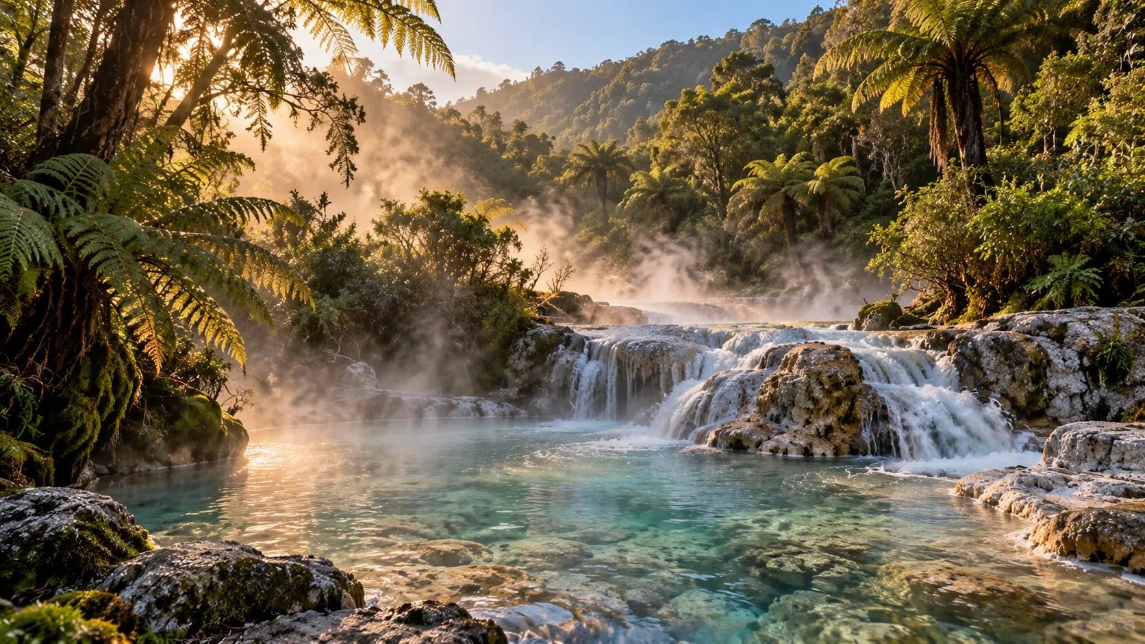 Warm geothermal stream flowing through tree ferns into a shallow pool