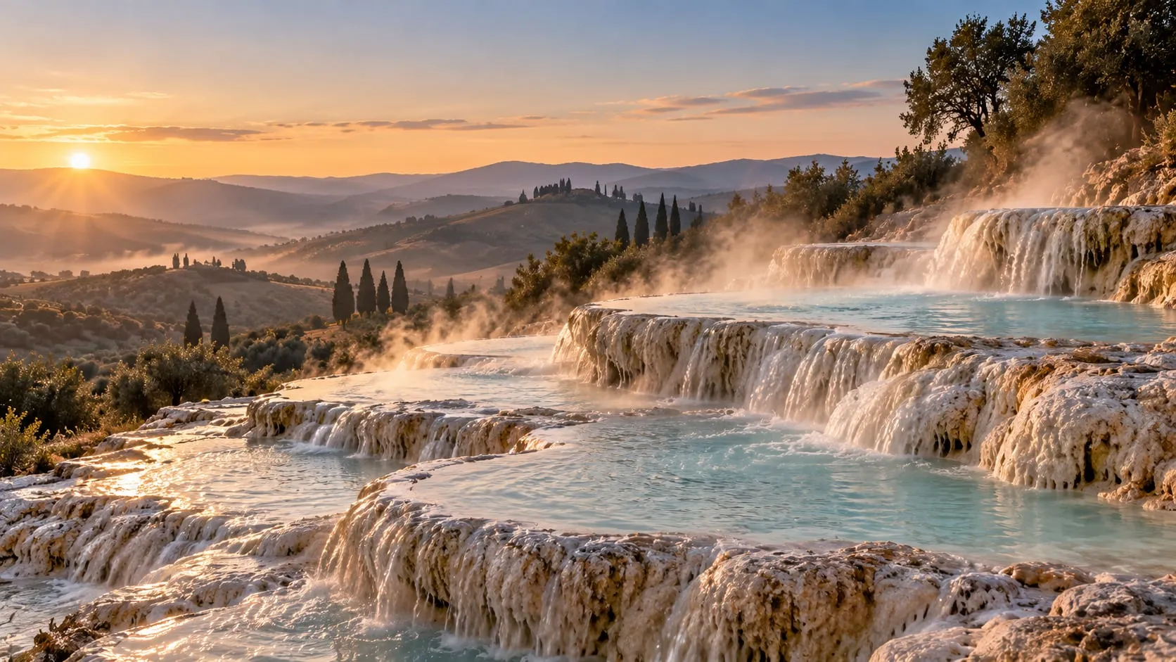 Travertine thermal cascades and round pools in rolling countryside at sunrise