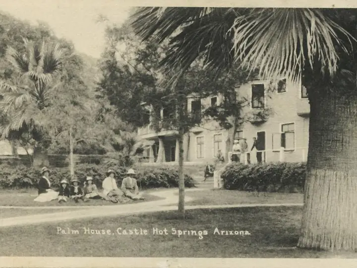 Historic 1908 postcard of the Palm House at Castle Hot Springs with palms and lawn