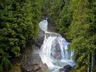 Crazy Creek Falls tumbling through a rocky gorge in dense green forest near the resort