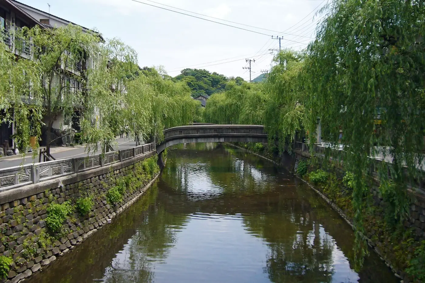 Willow lined Otani River canal and stone arched bridge in Kinosaki Onsen