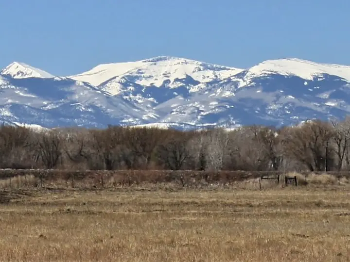 Snowy San Juan Mountains and Bennett Peak seen west across flat pastureland from Highway 17 near Alamosa