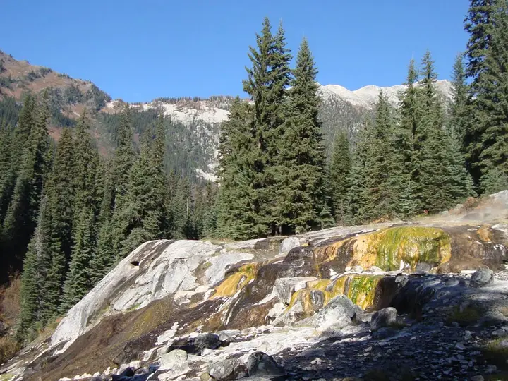Mineral deposit mound streaked with yellow and green at Dewar Creek Hot Springs below forested peaks