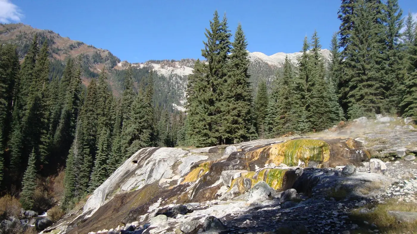 Mineral deposit mound streaked with yellow and green at Dewar Creek Hot Springs below forested peaks