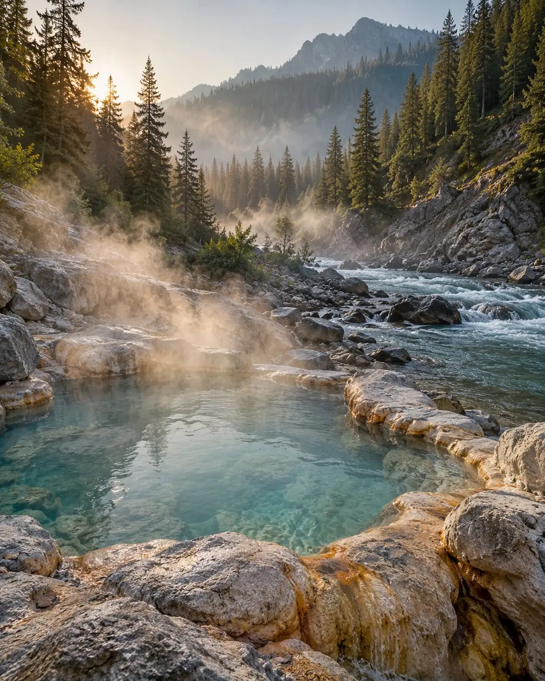 Steam rising off a natural rock pool beside a river at dawn