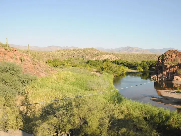 Verde River lined with green reeds and rocky banks where Sheep Bridge Hot Springs hides