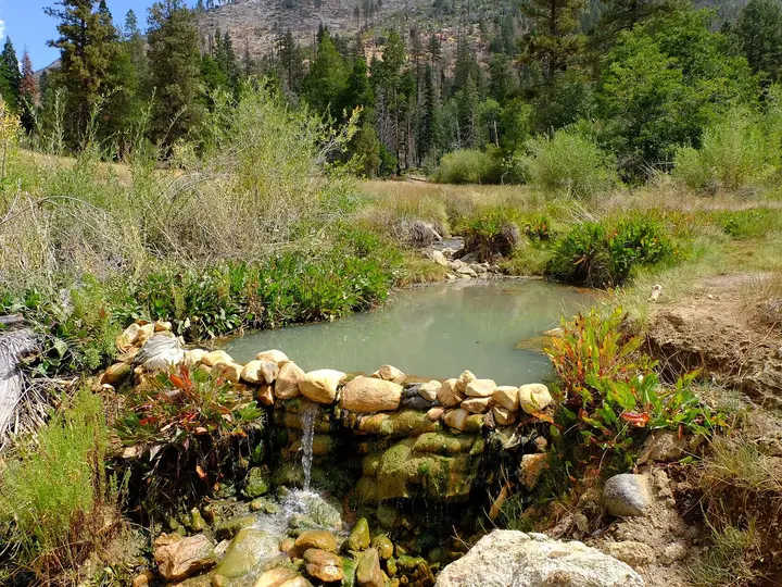 Rock walled soaking pool with milky green water at Jordan Hot Springs surrounded by meadow and pines