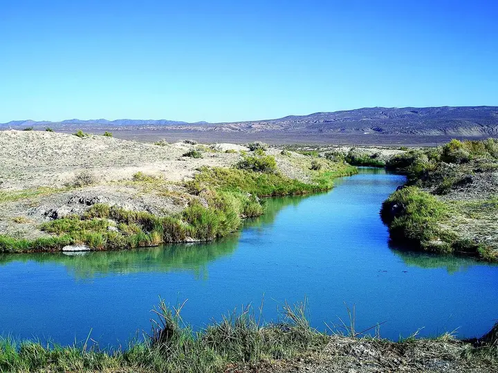 Blue hot water channel at Trego Hot Springs edged with green grass and pale desert ground