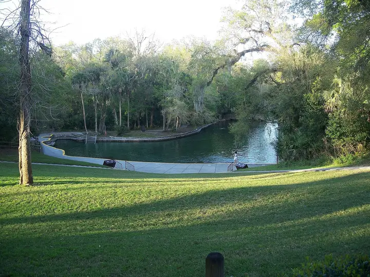 Wekiwa Springs swimming area with a curved stone wall beyond a sunny lawn and trees