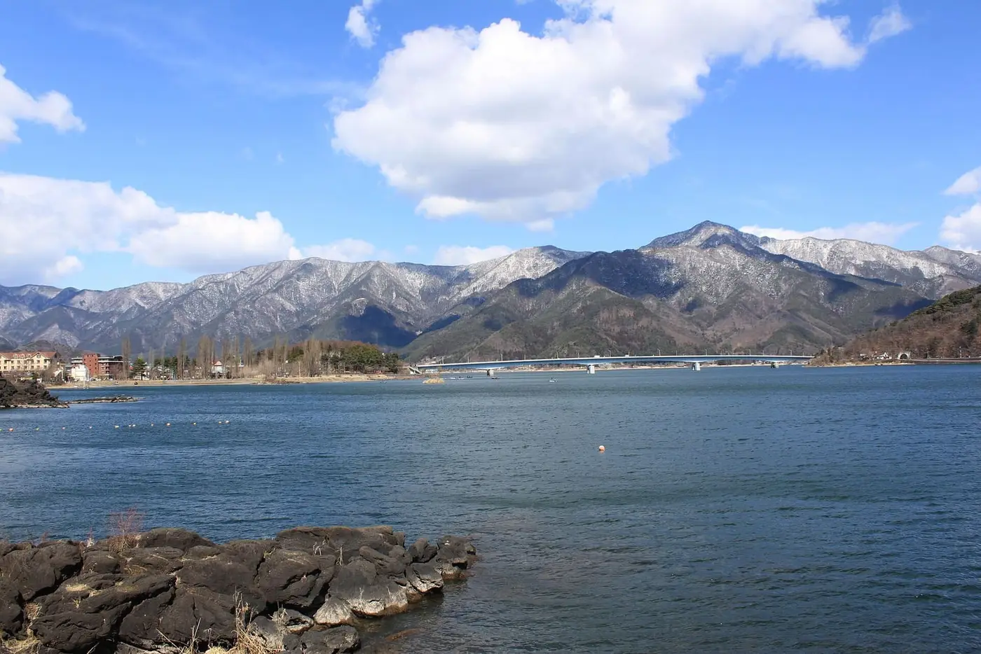 Lake Kawaguchi under blue sky with snowy mountains, the lakeside setting of Kawaguchiko Onsen