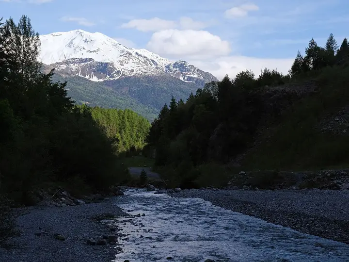 Braulio stream flowing through a wooded valley below snowy peaks near Bormio