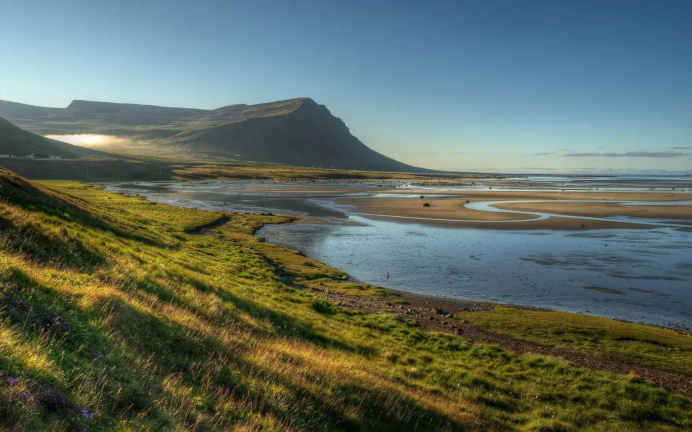 Grassy slope above the tidal flats of Breiðafjörður near Birkimelur, with Hamarshyrna mountain beyond