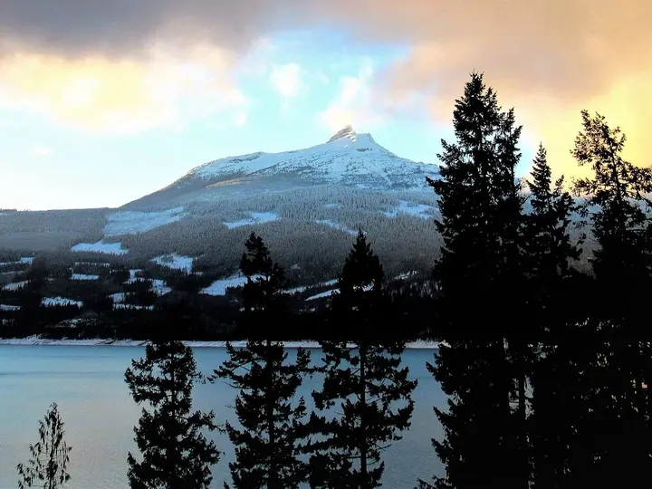 Snowy Mount Burnham across Upper Arrow Lake, seen from Halcyon Hot Springs Resort