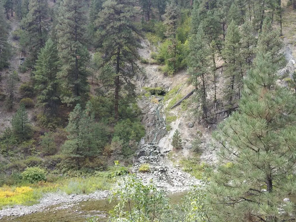 Hot spring water cascading down a rocky hillside among pines toward the river at Rocky Canyon Hot Springs