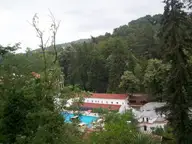Outdoor thermal pool and domed bathhouse of Yalova Termal seen through a wooded valley