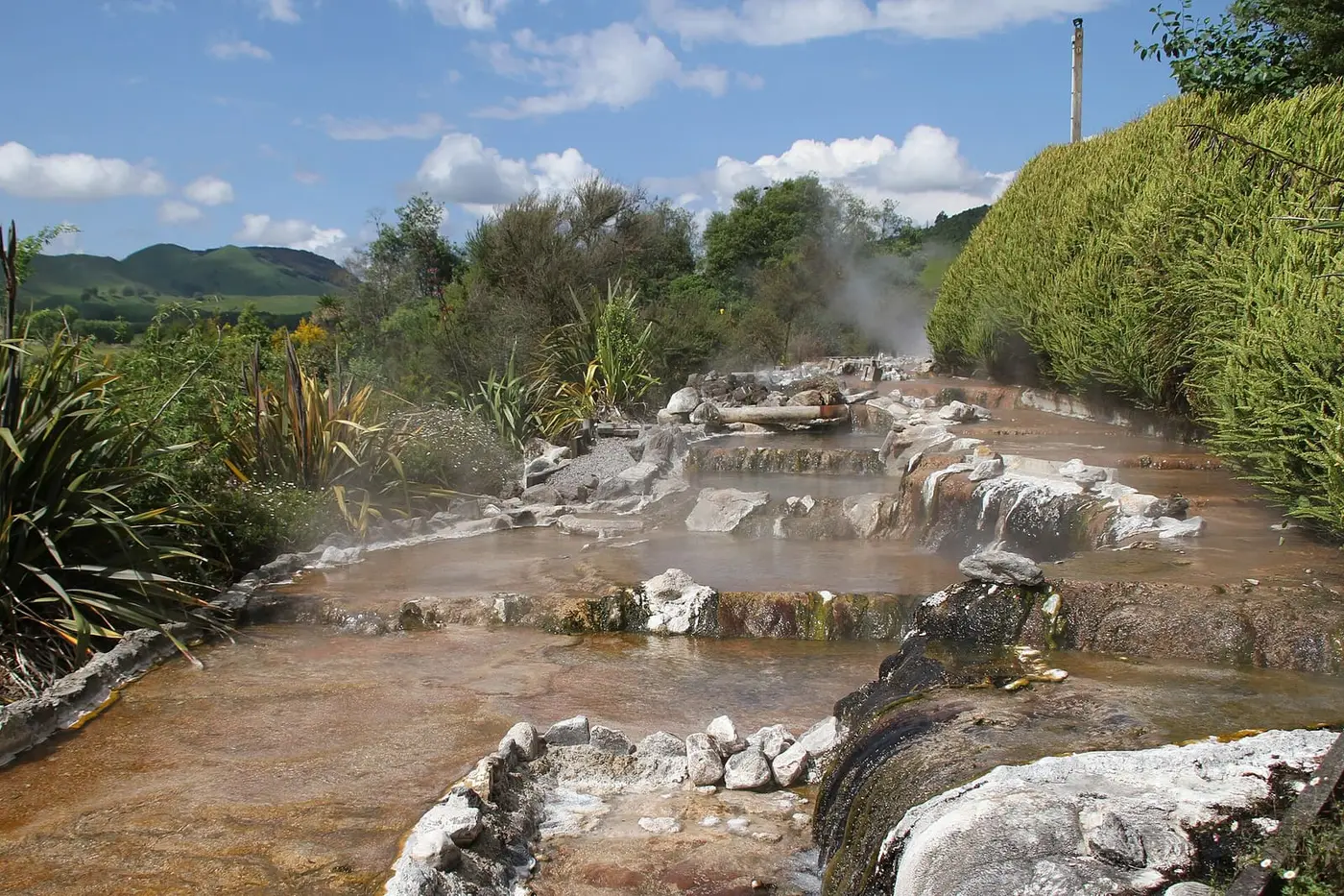 Steaming hot stream flowing over pale sinter terraces in Waikite Valley under a blue sky