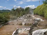Steaming hot stream flowing over pale sinter terraces in Waikite Valley under a blue sky