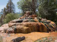 Orange and green mineral mound of Pinkerton Hot Springs among pine trees north of Durango