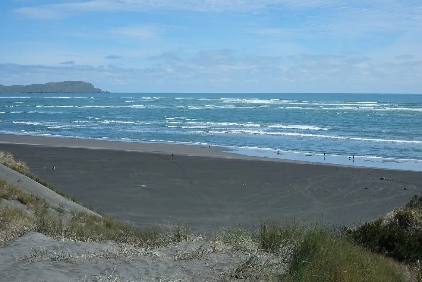 Black sand Ocean Beach near Kawhia seen from the dunes, with surf and a distant headland