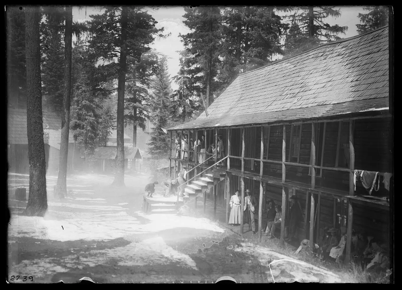Historic black and white view of the long wooden Lehman Springs Hotel among tall pines