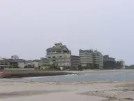 Hotels of Kaike Onsen lining the sandy beach on the Sea of Japan